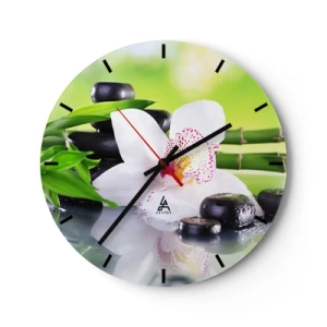 Horloge murale - Pendule murale - Orchidée blanche avec pierres et bambou sur fond naturel - 30x30cm - Raffraîchissement de fraîcheur - Décoration murale moderne pour le salon, la cuisine et la chambre ARTTOR