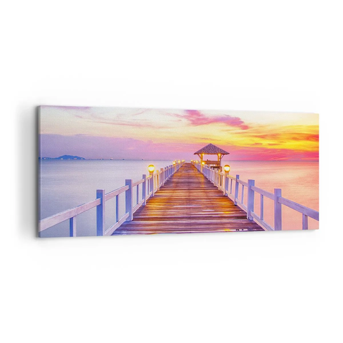 Impression sur toile - Image sur toile - Une jetée sur l'eau au coucher du soleil aux couleurs pastel - 120x50cm - Le silence lilas-doré du soir - Décoration murale moderne pour le salon et la chambre ARTTOR