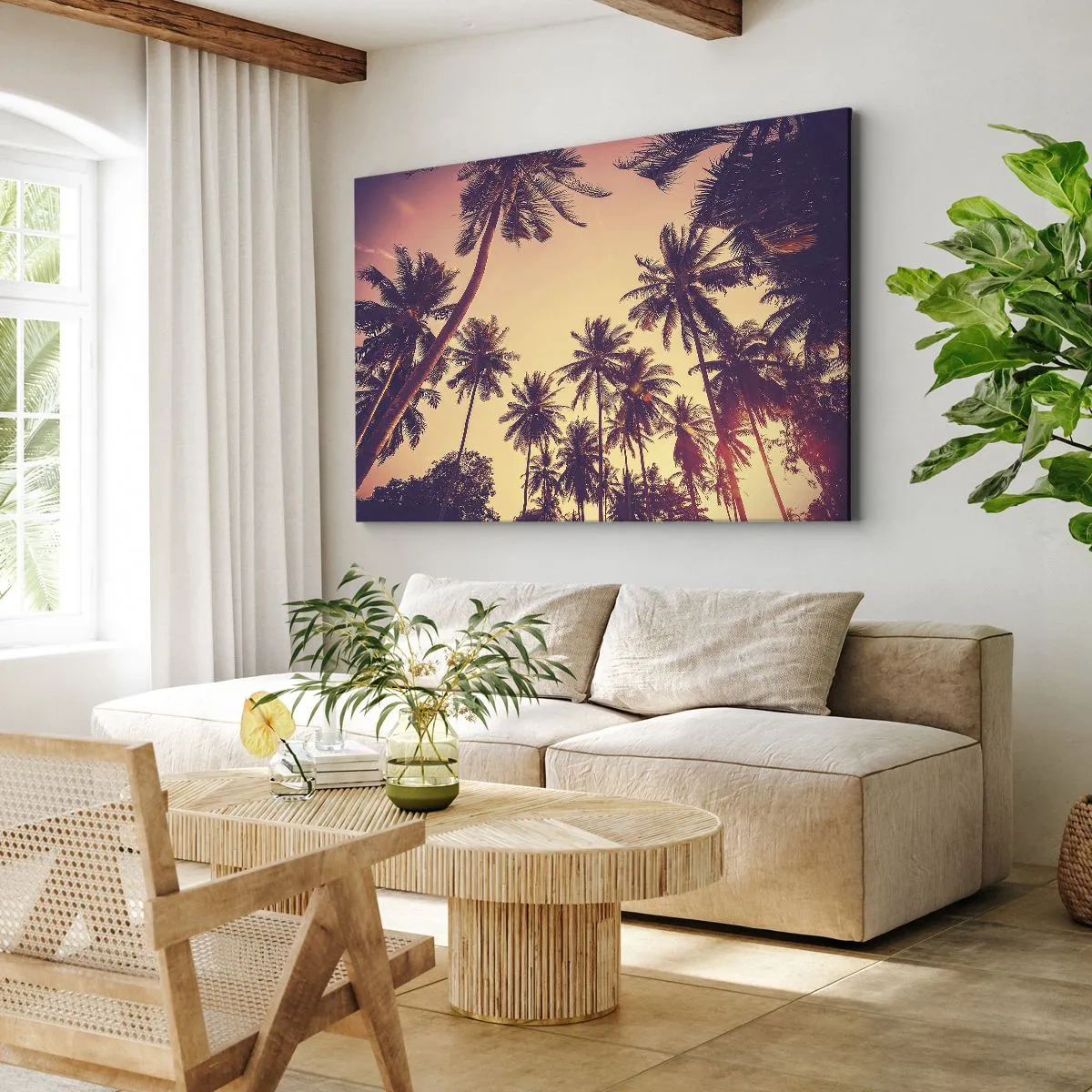 Impression sur toile - Image sur toile - Palmiers contre le ciel aux couleurs chaudes du coucher de soleil - 120x80cm - Variation tropicale - Décoration murale moderne pour le salon et la chambre ARTTOR