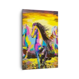 Impression sur toile - Image sur toile - Chevaux colorés galopant sur fond de soleil couchant - 80x120cm - Immergé dans l'arc-en-ciel - Décoration murale moderne pour le salon et la chambre ARTTOR