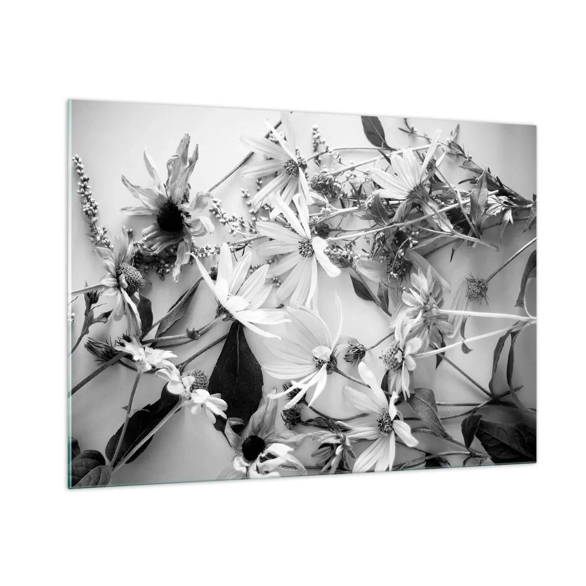 Impression sur verre - Image sur verre - Fleurs noires et blanches dispersées dans un arrangement artistique - 100x70cm - Non-un bouquet de fleurs - Décoration murale moderne pour le salon et la chambre ARTTOR