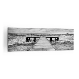 Impression sur toile - Image sur toile - Une vue en noir et blanc d'une jetée en bois sur une mer agitée. - 160x50cm - J'attends que le vent, ça le chassera... - Décoration murale moderne pour le salon et la chambre ARTTOR