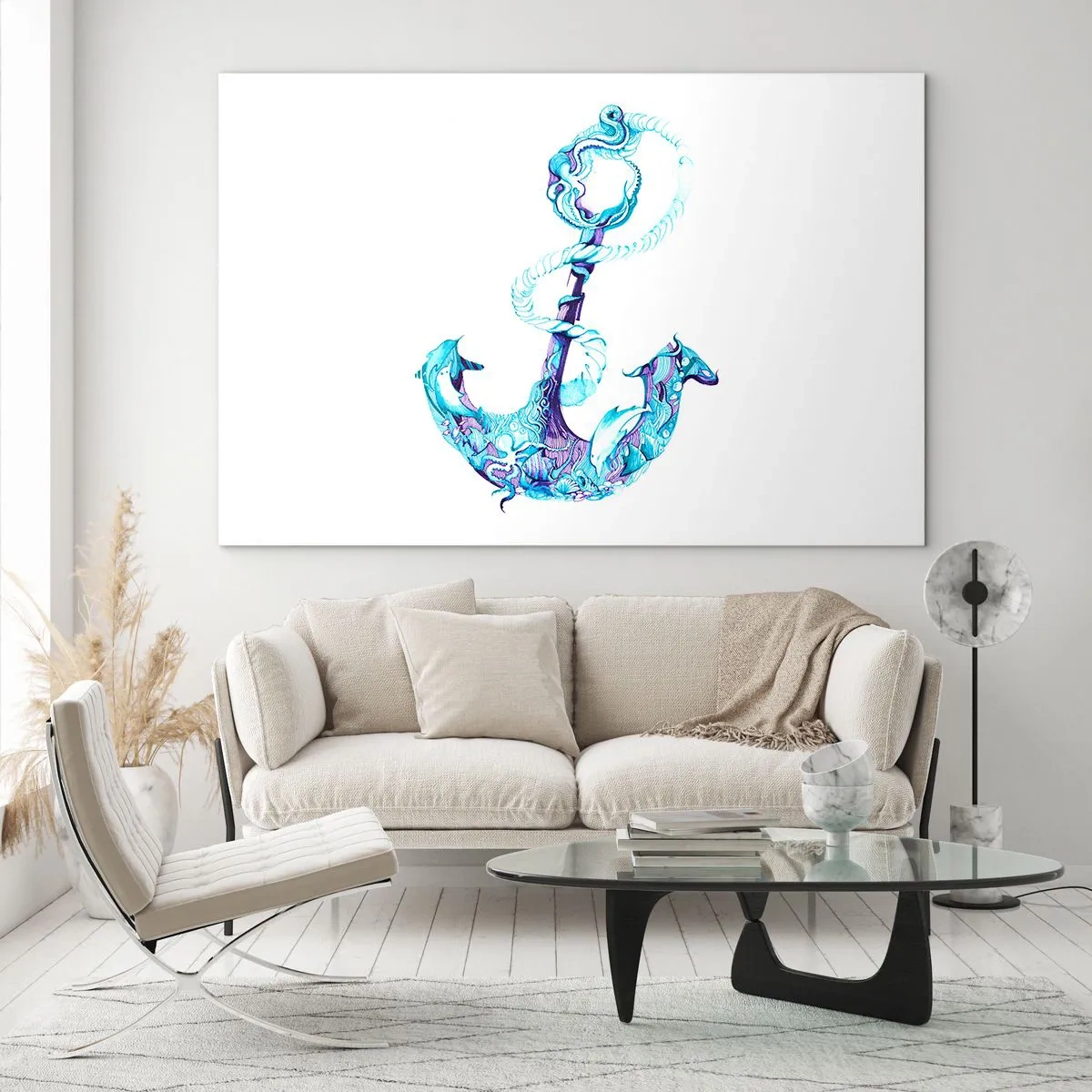 Impression sur verre - Image sur verre - Ancre avec des motifs nautiques dans un style artistique - 120x80cm - Le confident des secrets de la mer - Décoration murale moderne pour le salon et la chambre ARTTOR