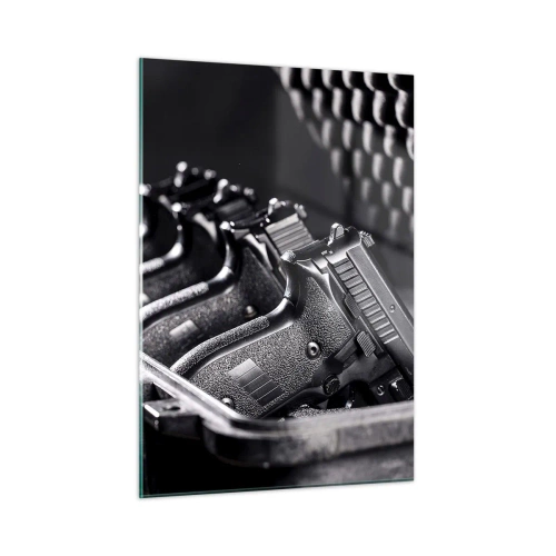 Impression sur verre - Image sur verre - Pistolets noirs dans un étui sur fond de mousse protectrice - 50x70cm - Sport masculin - Décoration murale moderne pour le salon et la chambre ARTTOR