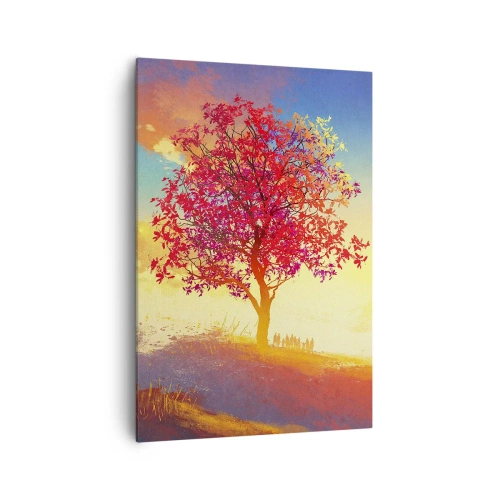 Impression sur toile - Image sur toile - Une silhouette sur une colline à côté d'un arbre coloré à la lumière du soleil couchant - 70x100cm - Pèlerin à destination - Décoration murale moderne pour le salon et la chambre ARTTOR