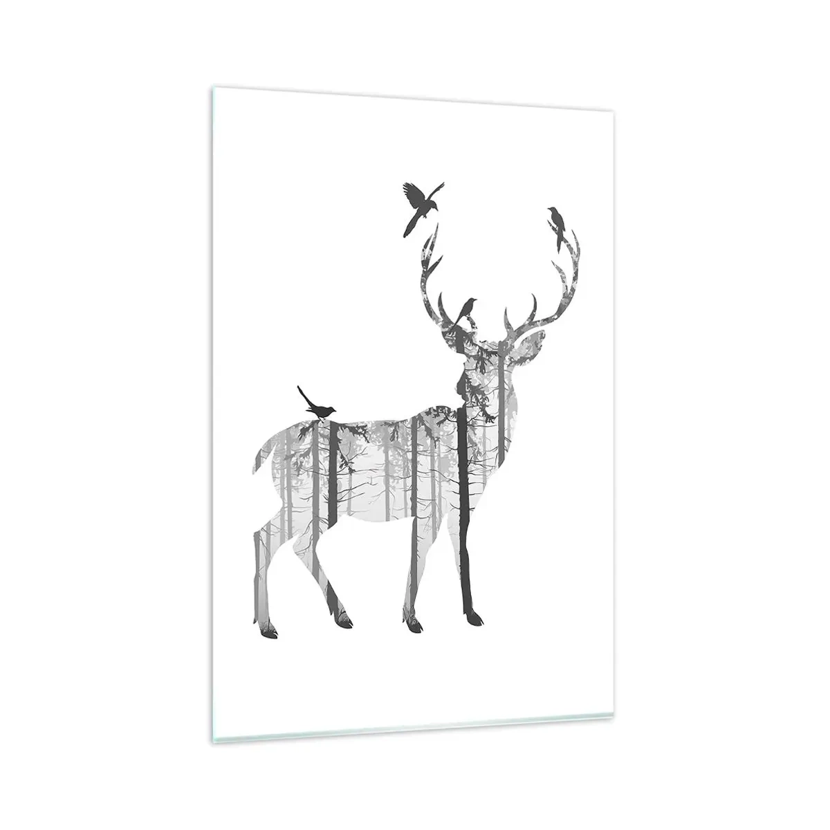 Impression sur verre - Image sur verre - Silhouette d'un cerf avec forêt et oiseaux - 80x120cm - La bonne âme de la forêt - Décoration murale moderne pour le salon et la chambre ARTTOR