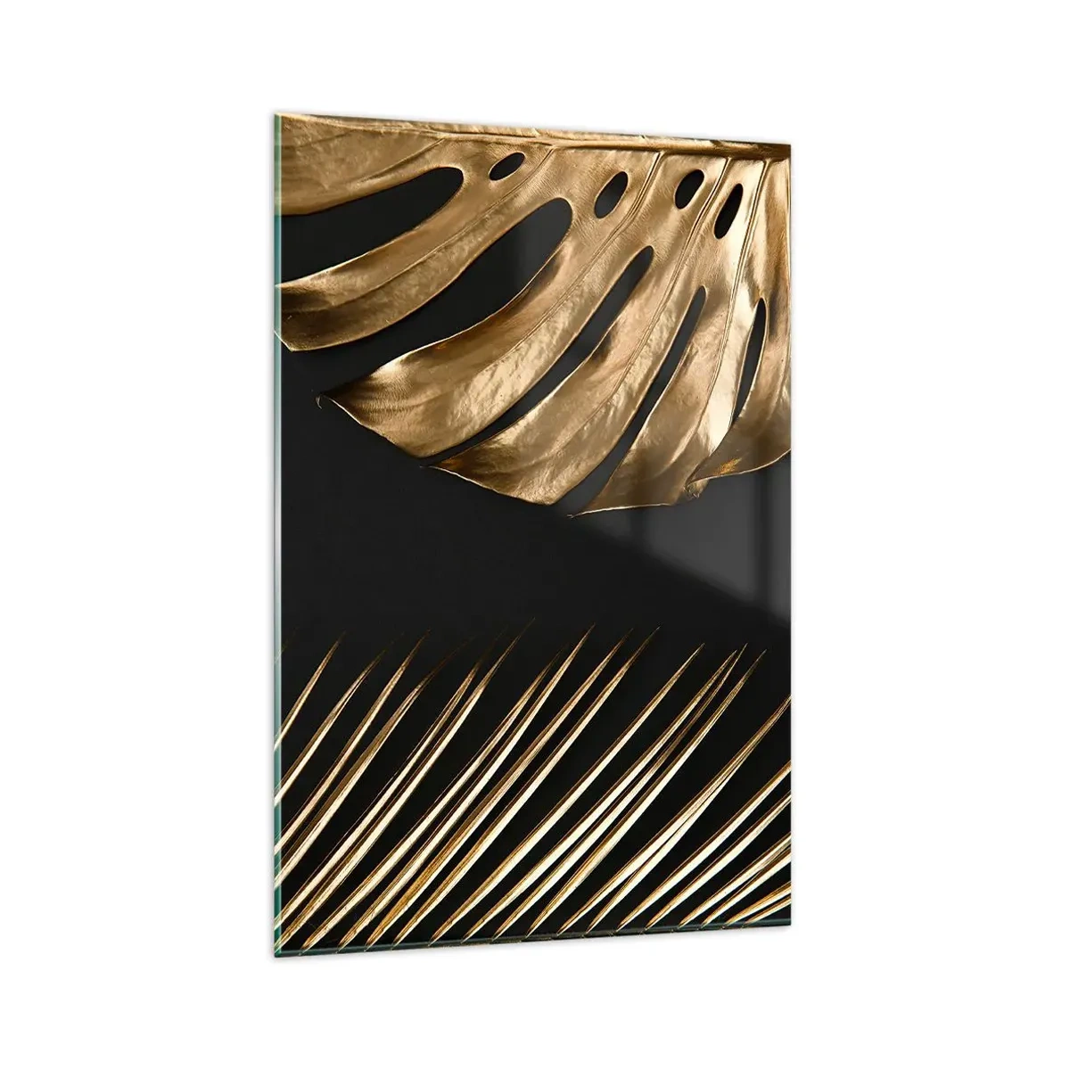 Impression sur verre - Image sur verre - Feuilles dorées sur fond noir - 80x120cm - Différent et tout aussi cher - Décoration murale moderne pour le salon et la chambre ARTTOR