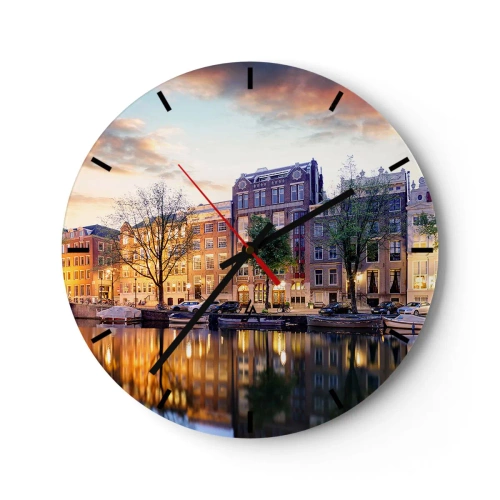 Horloge murale - Pendule murale - Une vue pittoresque des immeubles et du canal au coucher du soleil - 30x30cm - Beauté hollandaise sobre et sereine - Décoration murale moderne pour le salon, la cuisine et la chambre ARTTOR