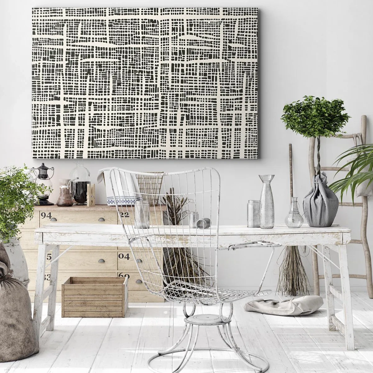 Impression sur toile - Image sur toile - Un motif géométrique ressemblant à une grille sur un fond clair - 70x50cm - Composition tissée - Décoration murale moderne pour le salon et la chambre ARTTOR