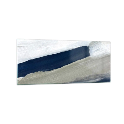 Impression sur verre - Image sur verre - Coups de pinceau abstraits dans des tons de bleu et de gris - 120x50cm - Rencontre avec la blancheur - Décoration murale moderne pour le salon et la chambre ARTTOR