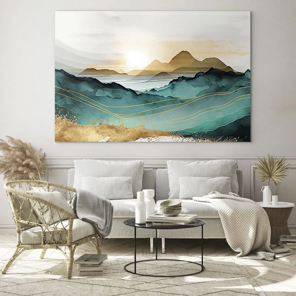 Impression sur verre - Image sur verre - Un paysage de montagne doré et turquoise dans un style aquarelle. - 120x80cm - Au frontière de l’abstraction – paysage - Décoration murale moderne pour le salon et la chambre ARTTOR