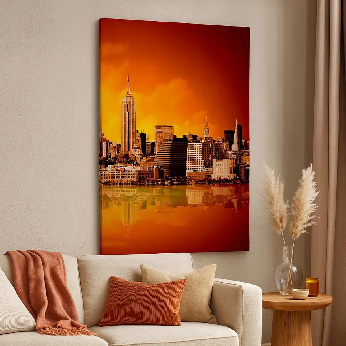 Impression sur toile - Image sur toile - Panorama de la ville au coucher du soleil avec les bâtiments se reflétant dans l'eau - 50x70cm - Panorama de grande ville en jaune et bronze - Décoration murale moderne pour le salon et la chambre ARTTOR