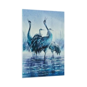 Impression sur verre - Image sur verre - Grues sur fond de brouillard et d'eau dans des tons bleus - 80x120cm - Réunion matinale - Décoration murale moderne pour le salon et la chambre ARTTOR