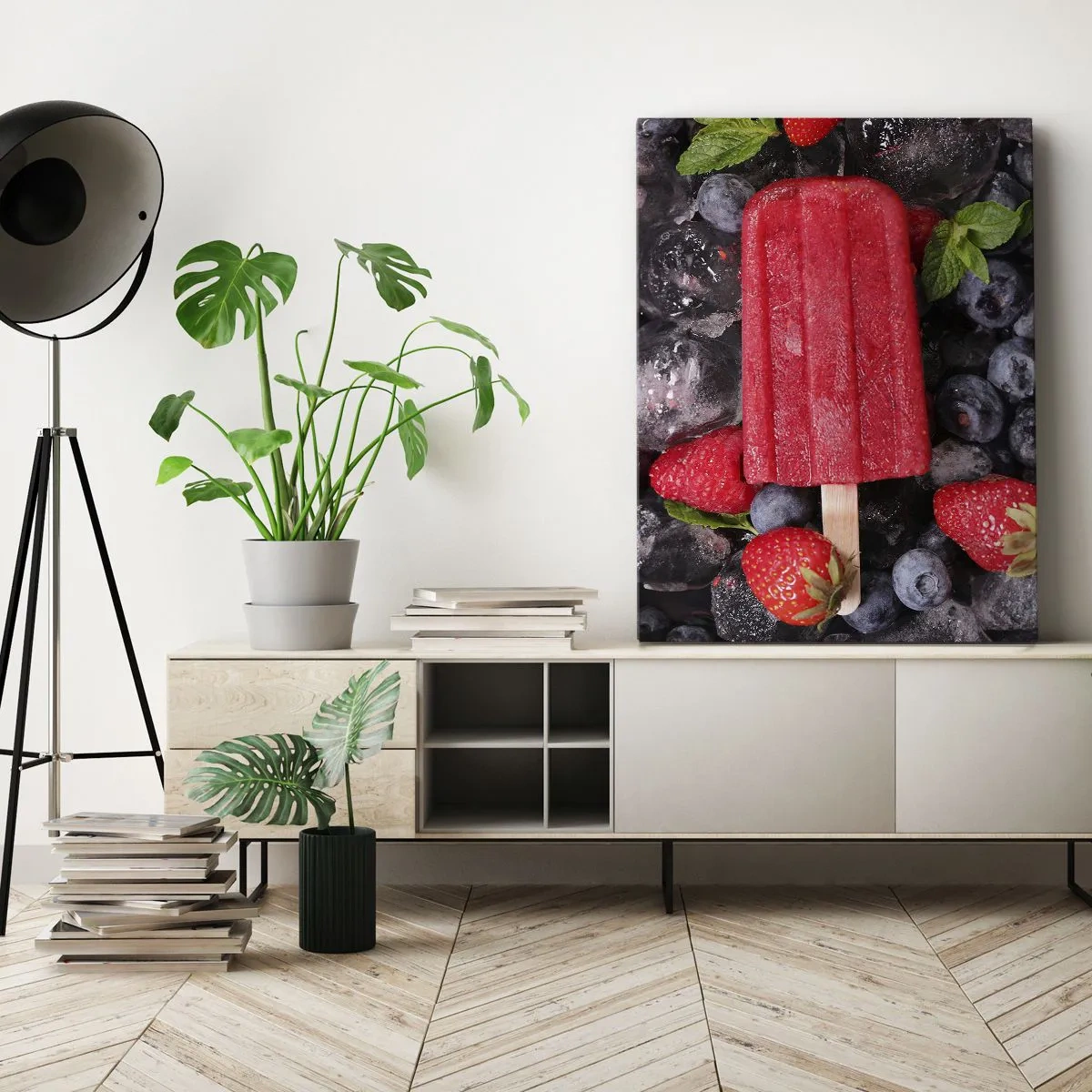 Impression sur toile - Image sur toile - Glace rouge entourée de fruits et de glace - 50x70cm - Le goût d’un été chaud - Décoration murale moderne pour le salon et la chambre ARTTOR