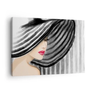Impression sur toile - Image sur toile - Femme portant un chapeau noir et blanc avec une touche rouge - 70x50cm - Où te chercher ? - Décoration murale moderne pour le salon et la chambre ARTTOR