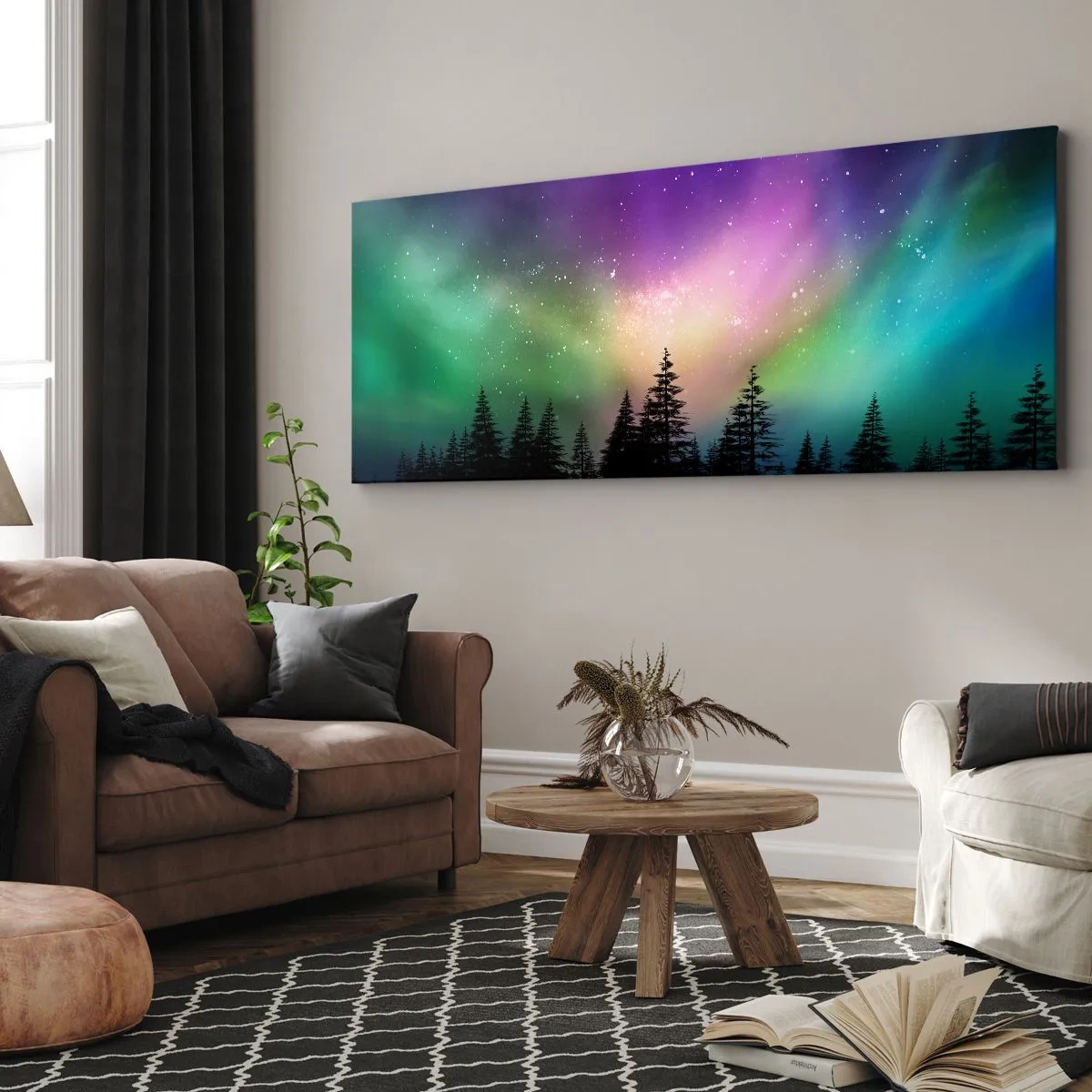 Impression sur toile - Image sur toile - Aurore boréale au-dessus d'une forêt avec un ciel étoilé - 120x50cm - Magie blanche - Décoration murale moderne pour le salon et la chambre ARTTOR