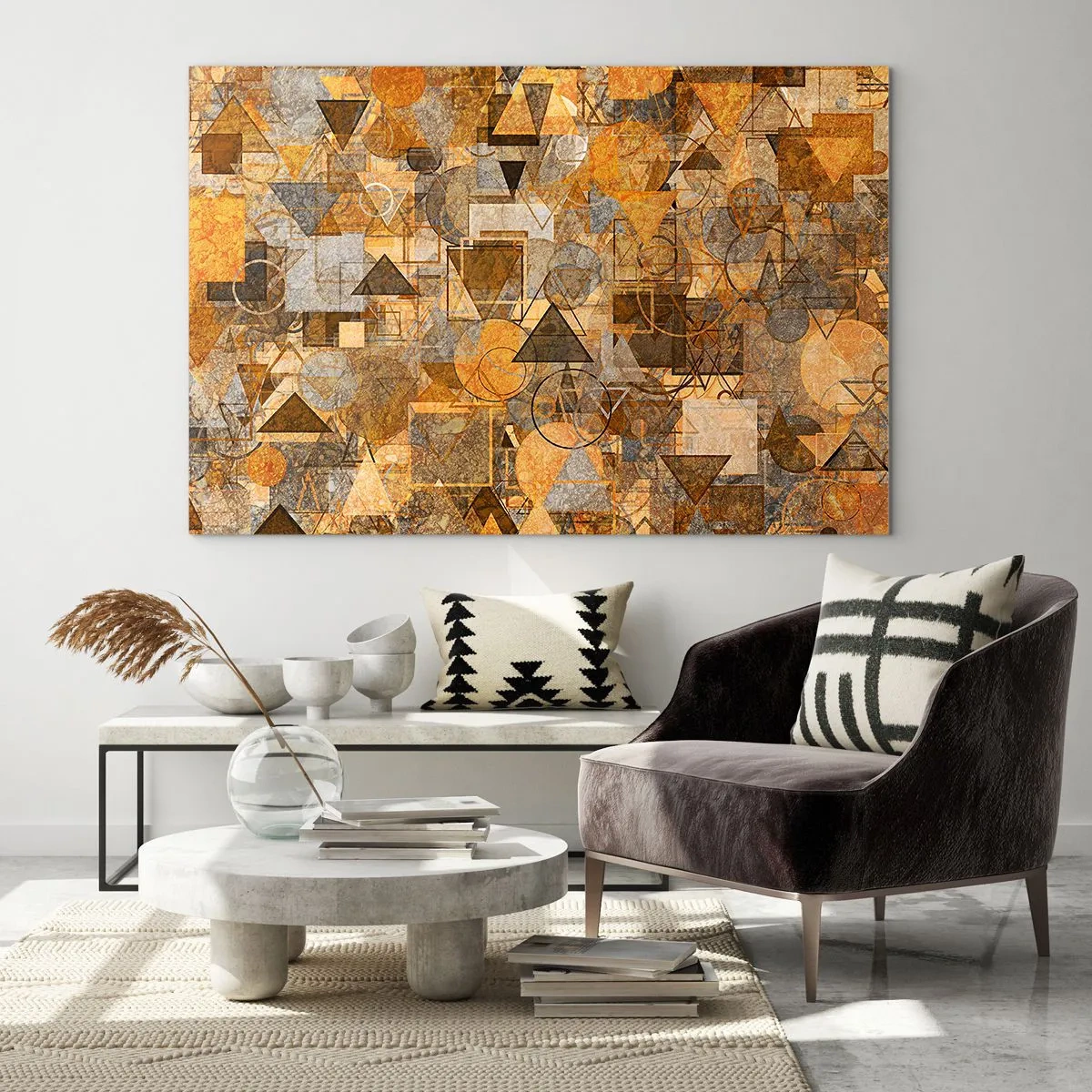 Impression sur verre - Image sur verre - Composition géométrique abstraite aux tons chauds - 70x50cm - Le monde en forme - Décoration murale moderne pour le salon et la chambre ARTTOR