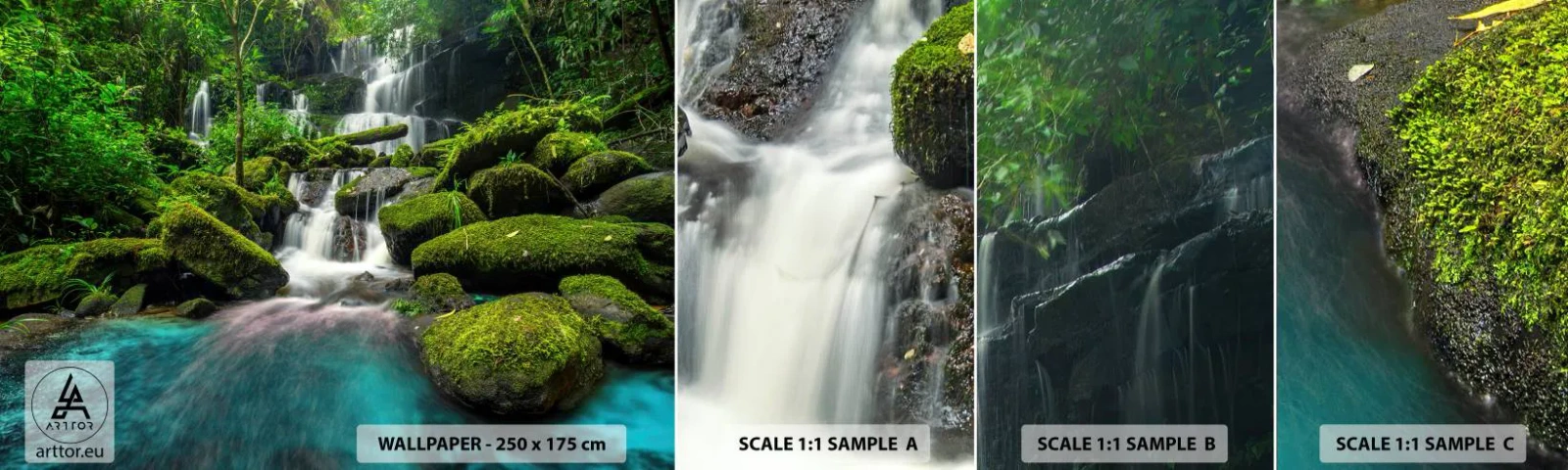 Échantillon de Papier Peint Autocollant Deluxe Sticker - Turquoise, saphirs et argent liquide - Paysage, Cascade, ruisseau de montagne - 100x30 cm