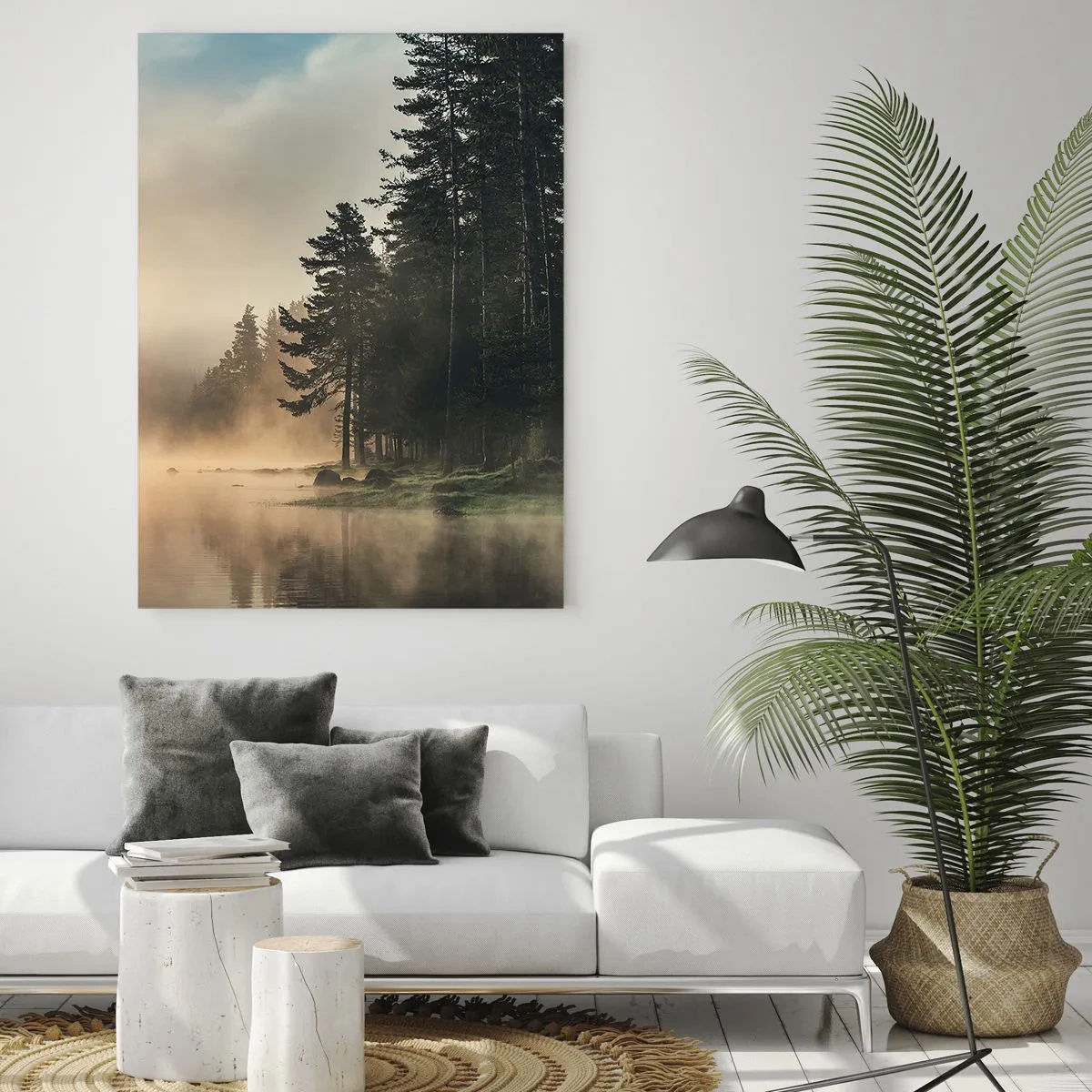 Impression sur verre - Image sur verre - Un matin brumeux sur un lac forestier - 50x70cm - Naissance du jour - Décoration murale moderne pour le salon et la chambre ARTTOR