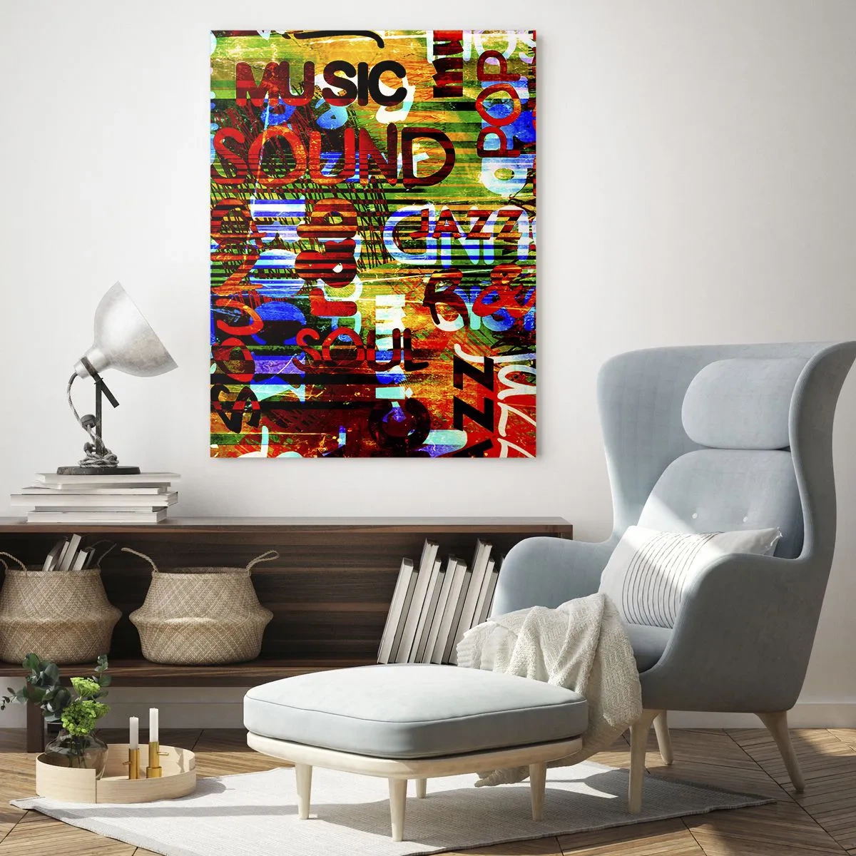 Impression sur verre - Image sur verre - Abstraction colorée avec des inscriptions musicales dans un style pop art - 70x100cm - Toutes les nuances du son - Décoration murale moderne pour le salon et la chambre ARTTOR