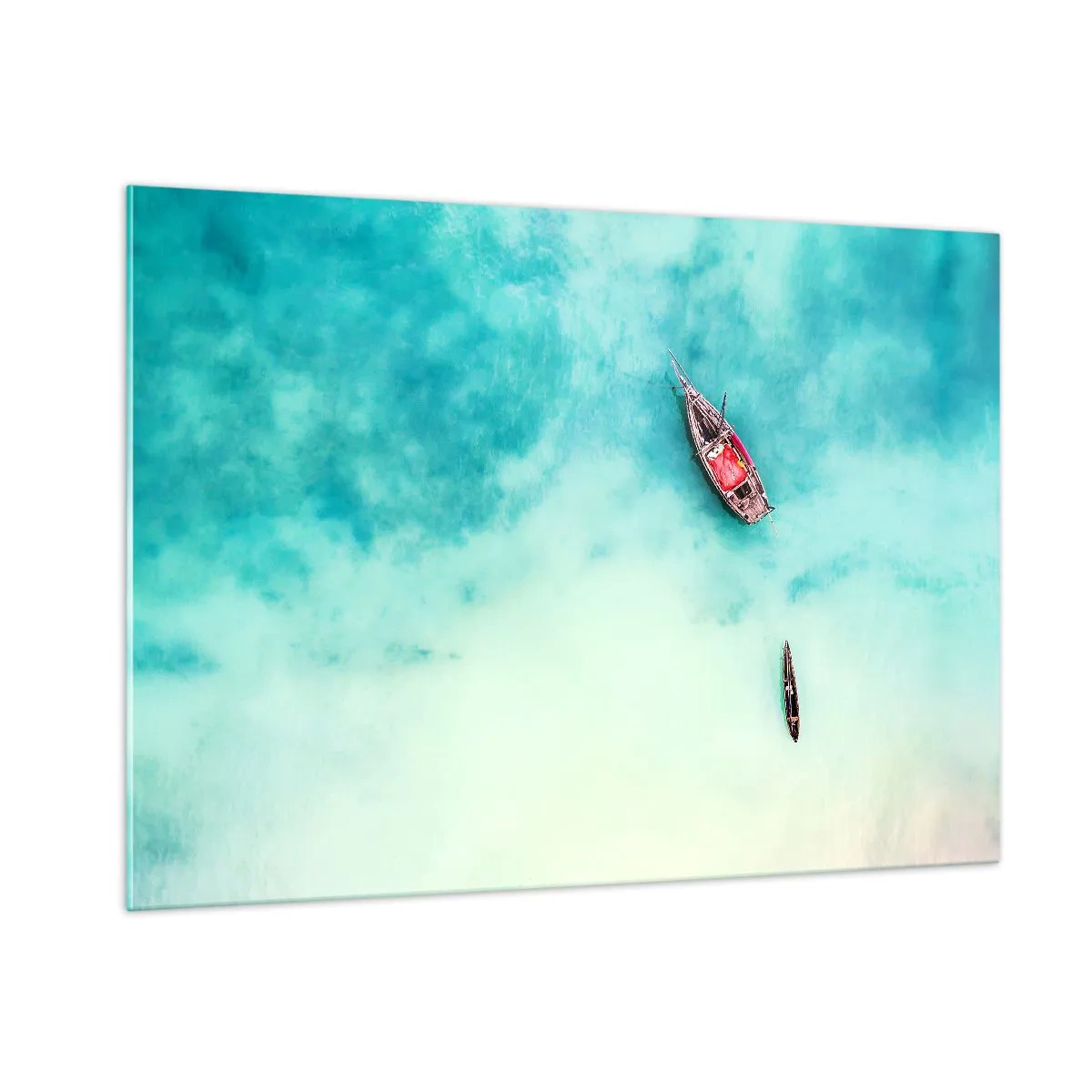 Impression sur verre - Image sur verre - Bateaux sur une eau azur dans un cadre paisible - 100x70cm - Car sur les plages de Zanzibar, quand il y a un débordement d'eau... - Décoration murale moderne pour le salon et la chambre ARTTOR