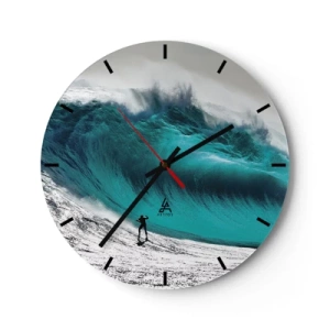 Horloge murale - Pendule murale - Un surfeur devant une vague turquoise géante - 30x30cm - Challenge accepté - Décoration murale moderne pour le salon, la cuisine et la chambre ARTTOR