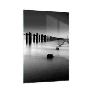 Impression sur verre - Image sur verre - Une jetée minimaliste en noir et blanc sur une eau calme - 50x70cm - Distance grise dans le brouillard - Décoration murale moderne pour le salon et la chambre ARTTOR