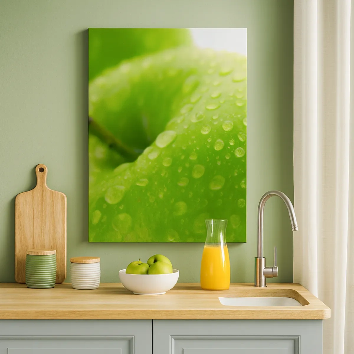 Impression sur toile - Image sur toile - Gros plan d'une pomme verte avec des gouttes d'eau - 50x70cm - Fraîcheur de verdure fraîche - Décoration murale moderne pour le salon et la chambre ARTTOR