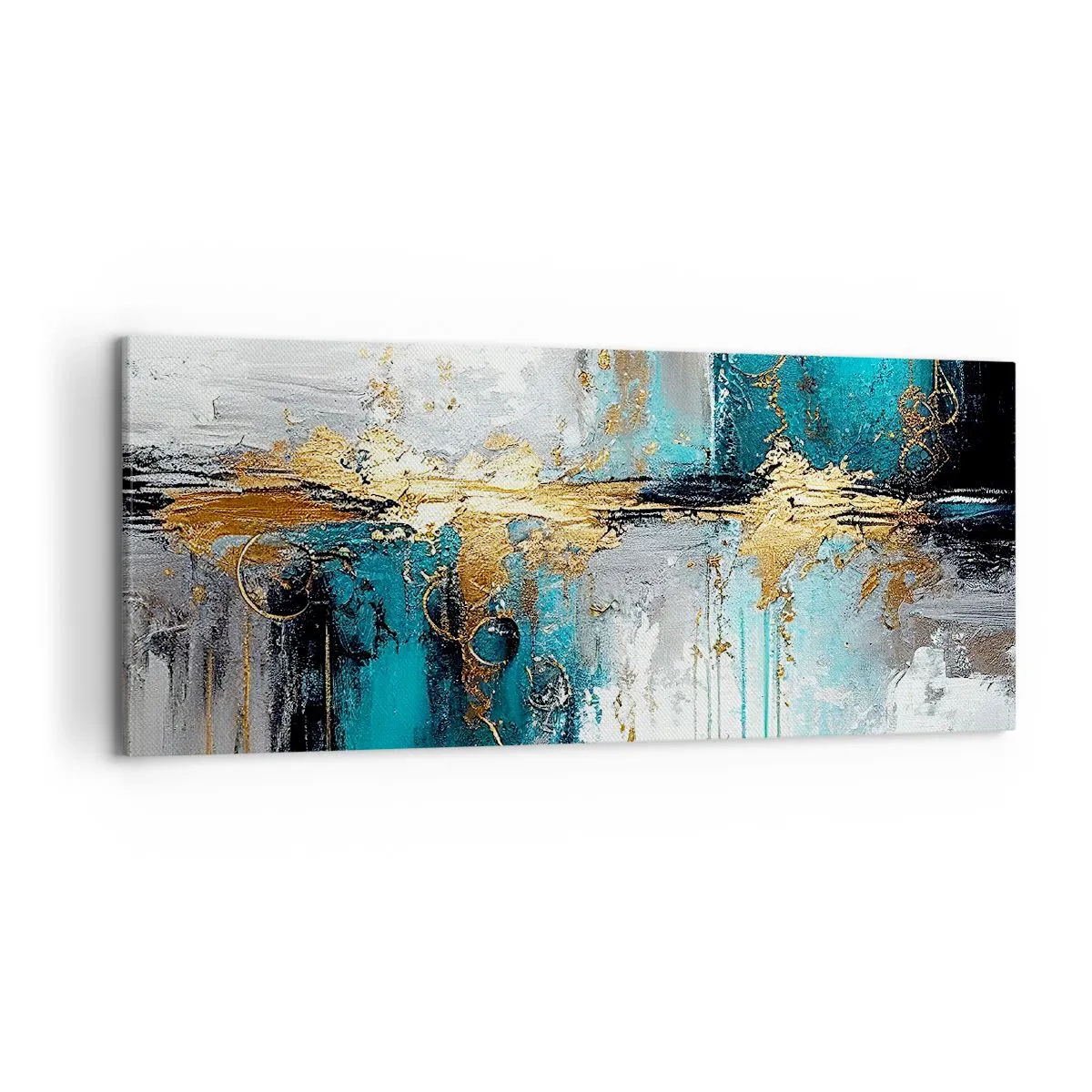 Impression sur toile - Image sur toile - Une composition abstraite aux accents turquoise et dorés. - 120x50cm - Tout coule - Décoration murale moderne pour le salon et la chambre ARTTOR