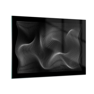 Impression sur verre - Image sur verre - Des lignes blanches hypnotisantes ondulant sur un fond noir - 70x50cm - Danse de lumière dans l'espace - Décoration murale moderne pour le salon et la chambre ARTTOR