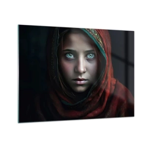 Impression sur verre - Image sur verre - Portrait d'une femme portant un foulard rouge sur fond sombre - 70x50cm - Princesse orientale - Décoration murale moderne pour le salon et la chambre ARTTOR