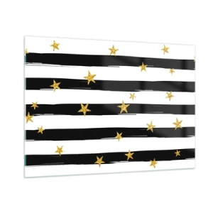 Impression sur verre - Image sur verre - Rayures noires et blanches avec étoiles dorées - 100x70cm - Nous sommes tous nés sous une bonne étoile - Décoration murale moderne pour le salon et la chambre ARTTOR