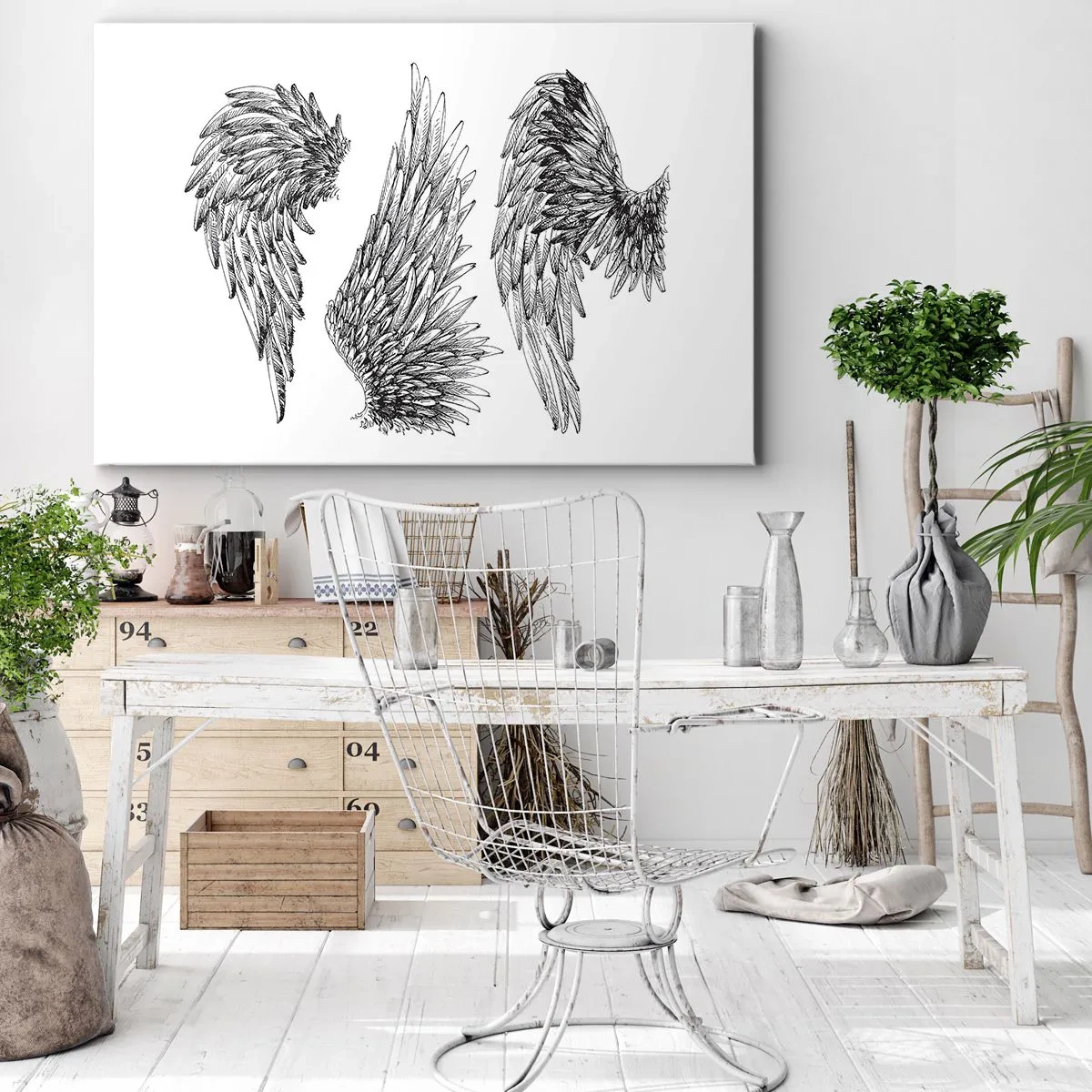 Impression sur toile - Image sur toile - Trois croquis d'ailes en noir et blanc dans un style minimaliste. - 120x80cm - Et tu peux devenir un ange - Décoration murale moderne pour le salon et la chambre ARTTOR