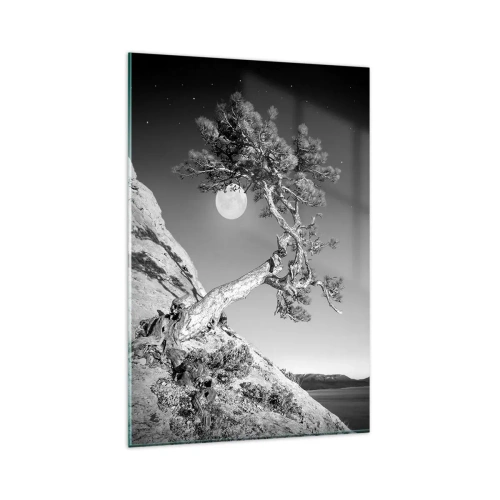 Impression sur verre - Image sur verre - Arbre noir et blanc sur une falaise avec la lune en arrière-plan - 80x120cm - Un combattant vainqueur - Décoration murale moderne pour le salon et la chambre ARTTOR