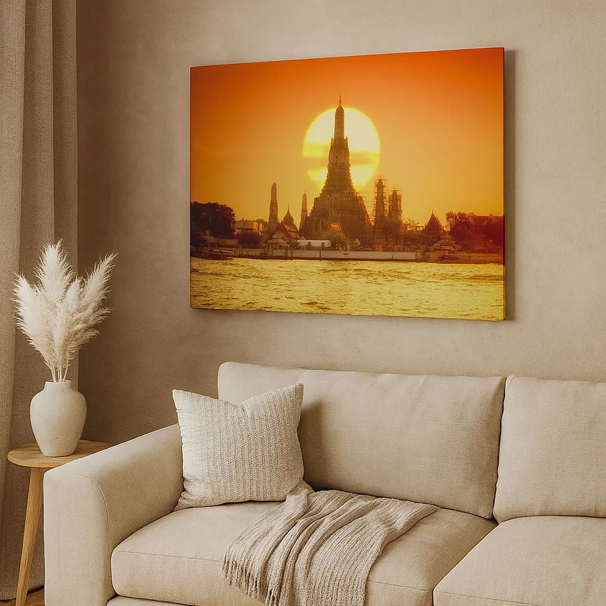 Impression sur toile - Image sur toile - Coucher de soleil sur le temple avec reflet dans l'eau - 70x50cm - Vers le soleil, toujours vers le soleil - Décoration murale moderne pour le salon et la chambre ARTTOR