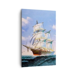 Impression sur toile - Image sur toile - Un voilier en pleine mer sous un ciel bleu - 80x120cm - Fièrement avec le vent - Décoration murale moderne pour le salon et la chambre ARTTOR
