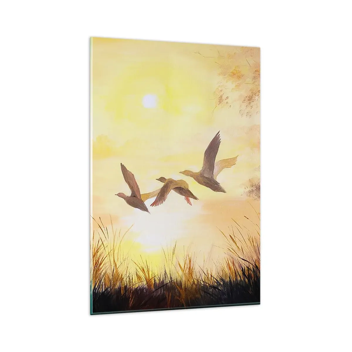 Impression sur verre - Image sur verre - Canards volant au lever du soleil au-dessus du lac - 80x120cm - Le début d'un long voyage - Décoration murale moderne pour le salon et la chambre ARTTOR