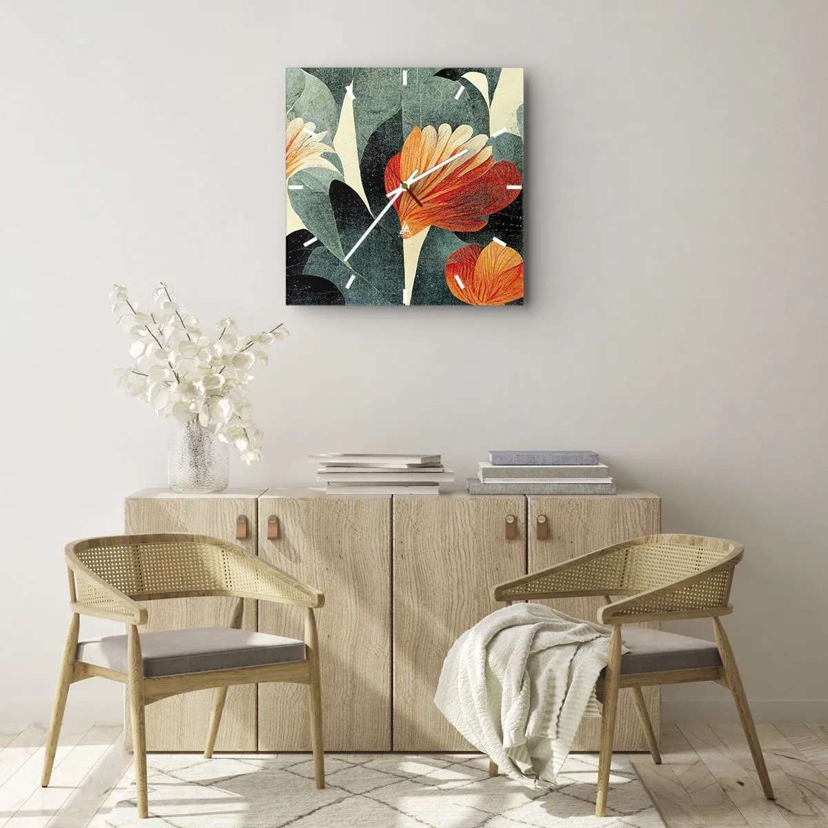 Horloge murale - Pendule murale - Fleurs aux tons intenses d'orange et de vert - 30x30cm - La chaleur des tropiques et la fraîcheur de la verdure - Décoration murale moderne pour le salon et la chambre ARTTOR