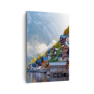 Impression sur toile - Image sur toile - Un village de montagne au bord d'un lac dans un paysage d'automne - 80x120cm - Ambiance alpine - Décoration murale moderne pour le salon et la chambre ARTTOR