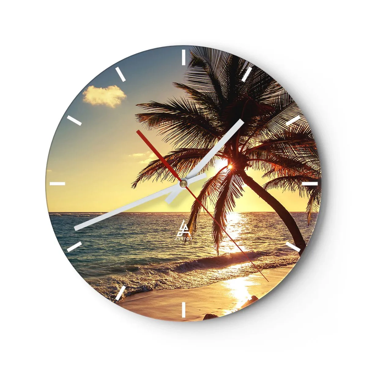 Horloge murale - Pendule murale - Plage de palmiers au coucher du soleil sur un océan calme - 30x30cm - L'été sous les palmiers - Décoration murale moderne pour le salon, la cuisine et la chambre ARTTOR