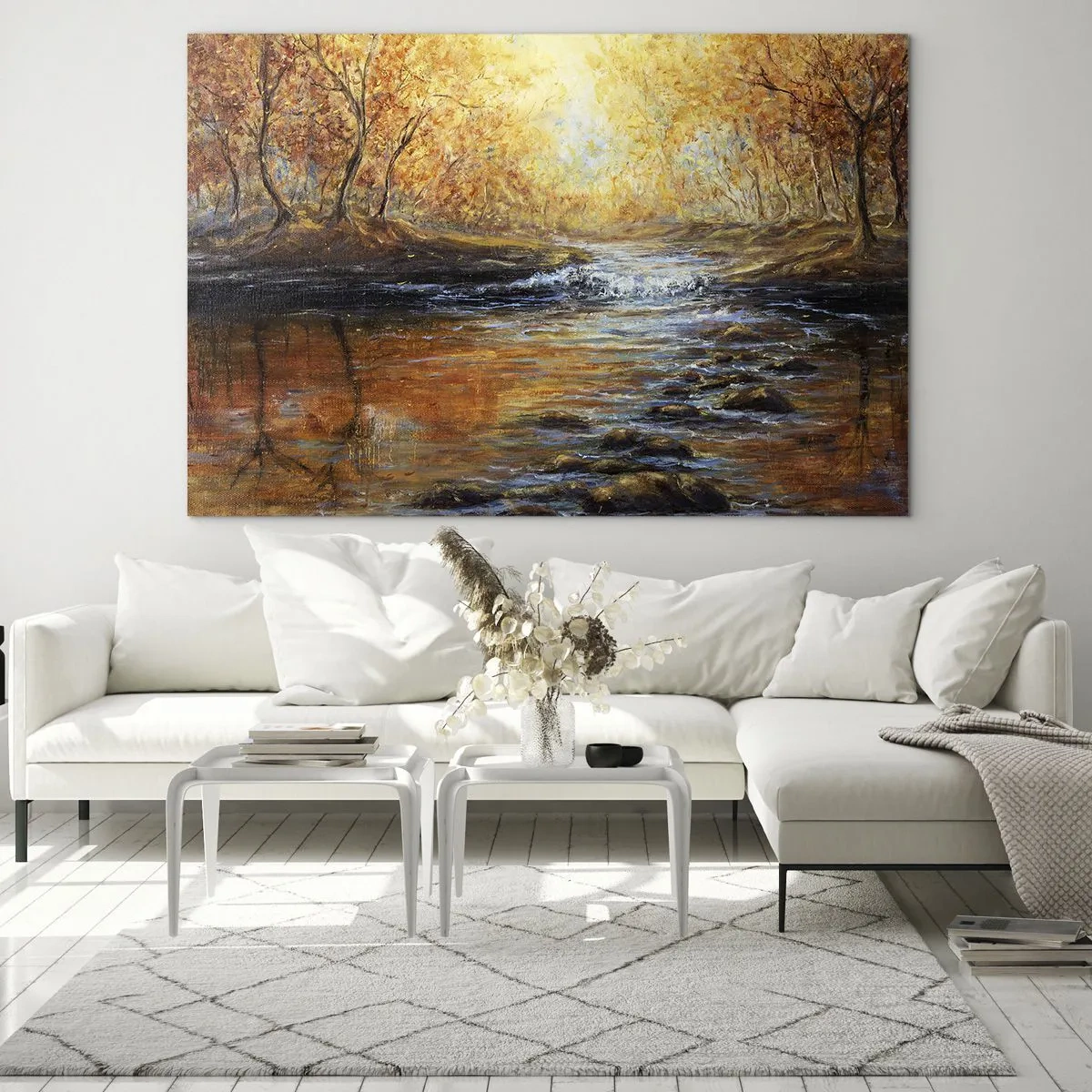 Impression sur verre - Image sur verre - Un ruisseau doré dans la forêt entouré d'arbres d'automne - 70x50cm - Le ruisseau d'or - Décoration murale moderne pour le salon et la chambre ARTTOR