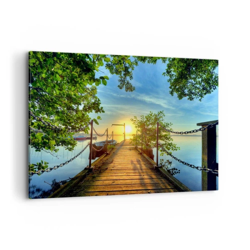 Impression sur toile - Image sur toile - Une jetée sur le lac dans les rayons du soleil couchant - 100x70cm - L'ouest au-dessus de l'eau - Décoration murale moderne pour le salon et la chambre ARTTOR