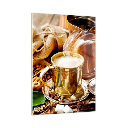Impression sur verre - Image sur verre - Une tasse de café dorée avec du lait entourée de céréales et de croissants - 50x70cm - Bonne journée! - Décoration murale moderne pour le salon et la chambre ARTTOR