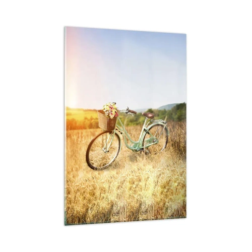 Impression sur verre - Image sur verre - Un vélo rétro avec un panier rempli de fleurs sur fond de prairie. - 80x120cm - Je vais rester un petit moment - Décoration murale moderne pour le salon et la chambre ARTTOR
