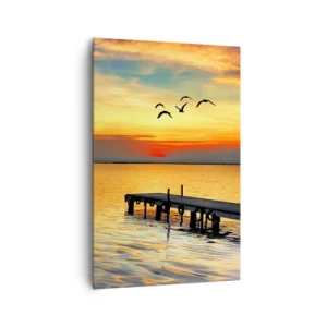 Impression sur toile - Image sur toile - Coucher de soleil avec un voilier et une jetée sur un lac calme - 80x120cm - Le soir revient - Décoration murale moderne pour le salon et la chambre ARTTOR