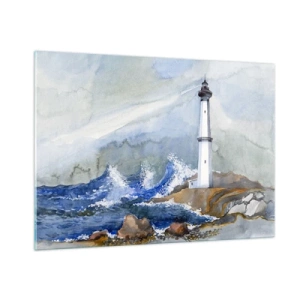 Impression sur verre - Image sur verre - Un phare au bord d'une mer agitée dans un style aquarelle - 100x70cm - Contre l'obscurité et la tempête - Décoration murale moderne pour le salon et la chambre ARTTOR