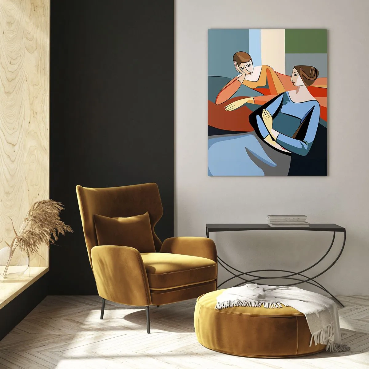 Impression sur verre - Image sur verre - Une scène géométrique d'une conversation entre deux femmes sur fond d'intérieur. - 50x70cm - Un moment de confiance - Décoration murale moderne pour le salon et la chambre ARTTOR