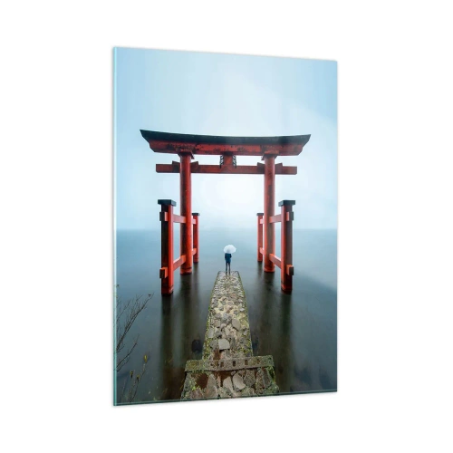 Impression sur verre - Image sur verre - Un torii rouge sur une eau calme dans un décor brumeux - 50x70cm - Rêverie japonnaise - Décoration murale moderne pour le salon et la chambre ARTTOR