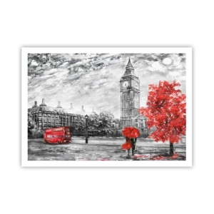 Affiche - Poster - Vue emblématique de Londres avec Big Ben, un bus rouge et un parapluie - 100x70cm - Une journée passionnante - Décoration murale moderne pour le salon et la chambre ARTTOR