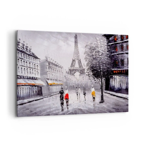 Impression sur toile - Image sur toile - Une vue de la Tour Eiffel dans un décor monochrome avec des touches de couleur - 100x70cm - Balade parisienne - Décoration murale moderne pour le salon et la chambre ARTTOR